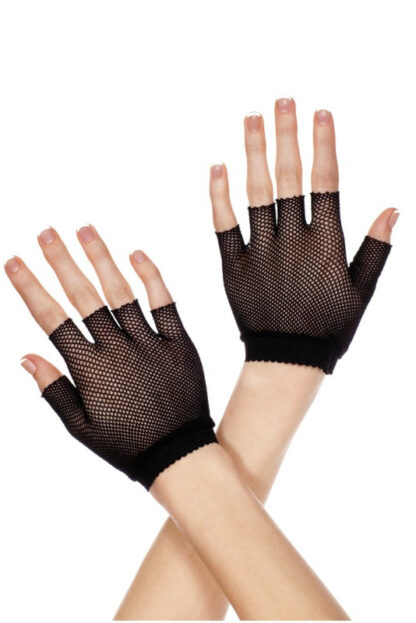 Fishnet wrist length fingerless gloves - Black