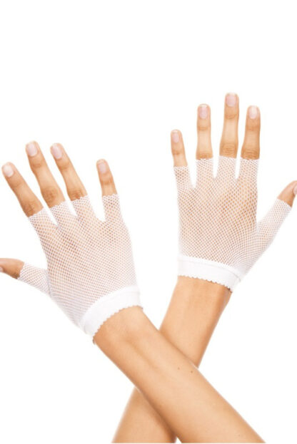 Fishnet wrist length fingerless gloves - White