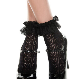 Heart Net Design Ankle High with Ruffle Trim Black
