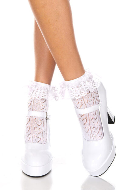 Heart Net Design Ankle High with Ruffle Trim White