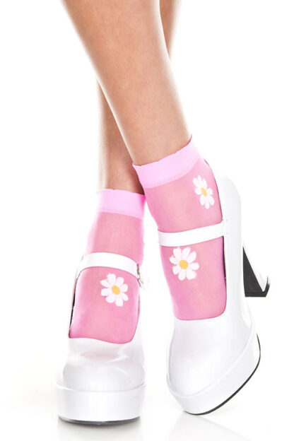 Flower Design Sheer Anklet Neon Pink Socks