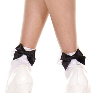 Opaque Lace Ruffle Anklet with Satin Bow Black Satin Bow on White