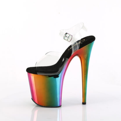 Pleaser 8" Flamingo 808 Clear Top with Ankle Strap - Rainbow Platform Left