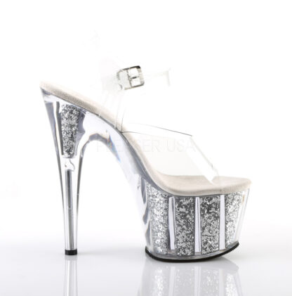 Pleaser 7" Adore 708G Sandal Glitter Silver Inserts in Platform Right Angle