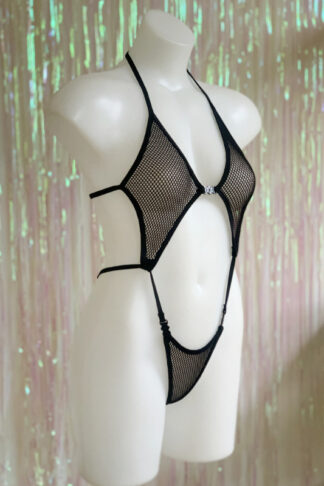 Diamonds Clip Front Bodysuit - Black Mini Fishnet - Side