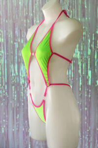 Siren Doll Diamonds Clip Front Bodysuit - Neon Green - Neon Pink Trim - Side