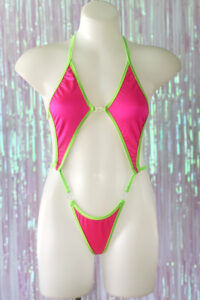 Siren Doll Diamonds Clip Front Bodysuit - Neon Pink - Neon Green Trim