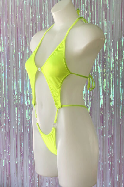Diamonds Clip Front Bodysuit - Neon Yellow - Side