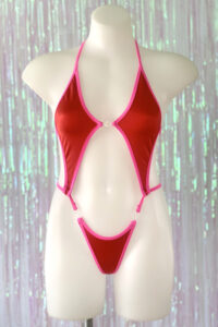 Siren Doll Diamonds Clip Front Bodysuit - Red - Neon Pink Trim
