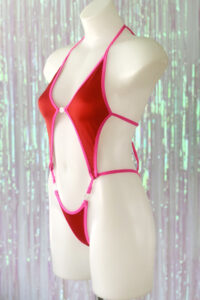 Siren Doll Diamonds Clip Front Bodysuit - Red - Neon Pink Trim - Side
