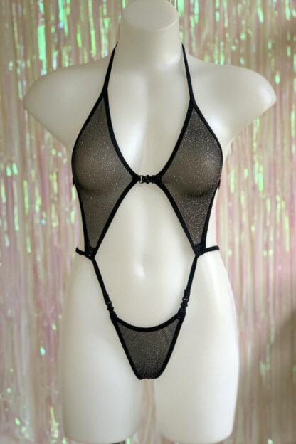 Diamonds Clip Front Bodysuit - Black Sheer with Silver Glitter - Front