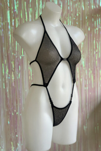 Diamonds Clip Front Bodysuit - Black Sheer with Silver Glitter - Side