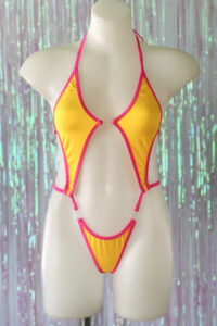 Siren Doll Diamonds Clip Front Bodysuit - Yellow - Neon Pink Trim