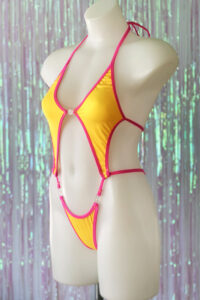 Siren Doll Diamonds Clip Front Bodysuit - Yellow - Neon Pink Trim - Side