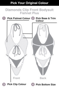 Siren Doll Diamonds Clip Front Bodysuit - Fish Net Plus Pick Your Colours