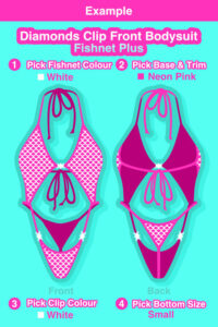 Siren Doll Diamonds Clip Front Bodysuit - Fish Net Plus Pick Your Colours - Example
