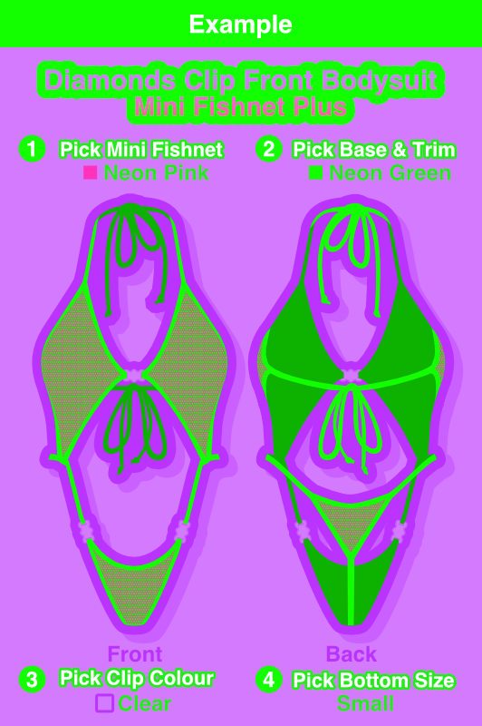Siren Doll Diamonds Clip Front Bodysuit - Mini Fish Net Plus Pick Your Colours - Example