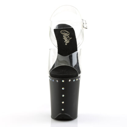 Pleaser 8" Flamingo 808 Clear Top with Ankle Strap Matte Black Platform with Rhinestone Front Angle