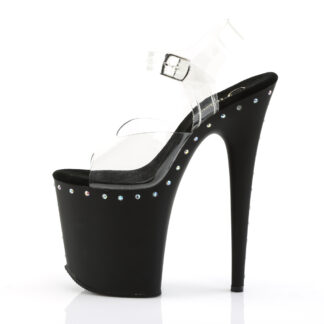 Pleaser 8" Flamingo 808 Clear Top with Ankle Strap Matte Black Platform with Rhinestone Left Angle