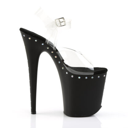 Pleaser 8" Flamingo 808 Clear Top with Ankle Strap Matte Black Platform with Rhinestone Right Angle