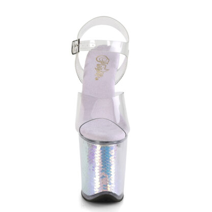 Pleaser 8" Flamingo 808 Clear Top with Ankle Strap Mermaid Scale Shoes Front Angle