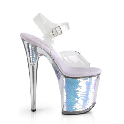 Pleaser 8" Flamingo 808 Clear Top with Ankle Strap Mermaid Scale Shoes Right Angle