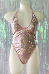 Siren Doll High Cut Low Front Bodysuit - hologram Confetti - Baby Pink