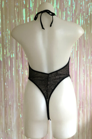 Siren Doll High Cut Low Front Bodysuit - Black Sheer with Silver Glitter - Back