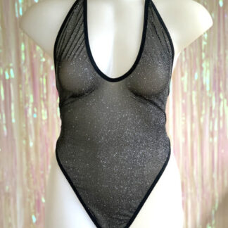 Siren Doll High Cut Low Front Bodysuit - Black Sheer with Silver Glitter