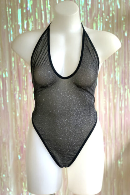 Siren Doll High Cut Low Front Bodysuit - Black Sheer with Silver Glitter