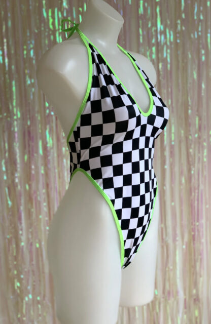 Siren Doll High Cut Low Front Bodysuit - Grand Prix - Neon Green Trim Side