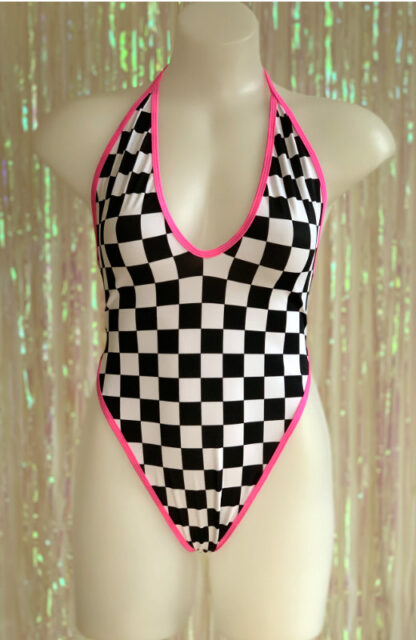 Siren Doll High Cut Low Front Bodysuit - Grand Prix - Neon Pink Trim Front