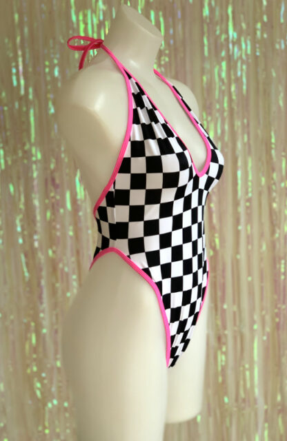Siren Doll High Cut Low Front Bodysuit - Grand Prix - Neon Pink Trim Side