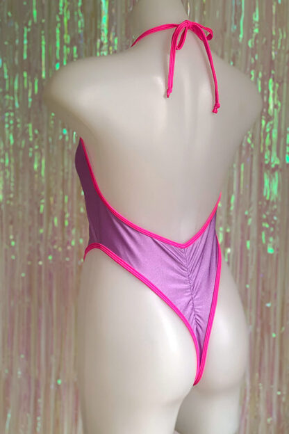 Siren Doll High Cut Low Front Bodysuit - Lavender & Neon Pink Back