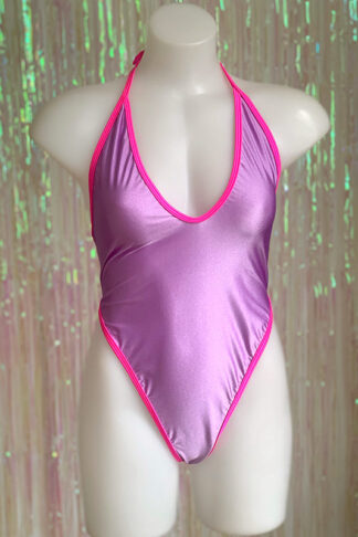 Siren Doll High Cut Low Front Bodysuit - Lavender & Neon Pink Front