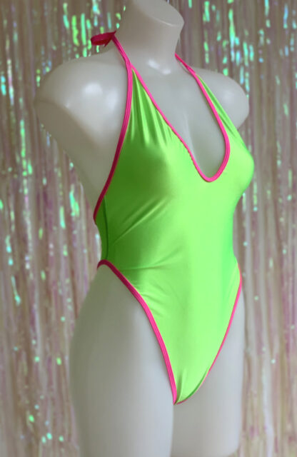 Siren Doll High Cut Low Front Bodysuit - Neon Green & Neon Pink Side