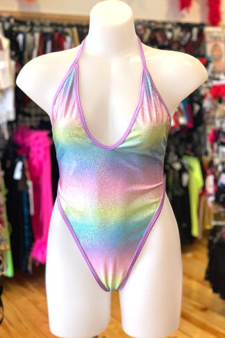 Siren Doll High Cut Low Front Bodysuit - Hologram - Baby Rainbow with Lavender Trim