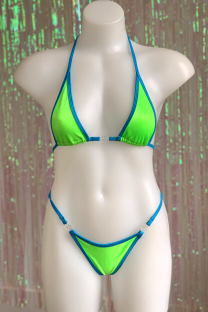 Siren Doll Micro Bikini Set - Neon Green & Ocean Blue Front