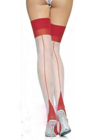 Back Seam with Cuban Heel Spandex Sheer Thigh Hi White & Red