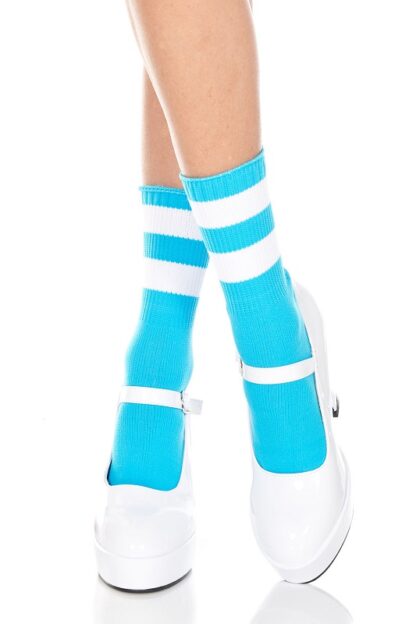 Acrylic Ankle High with Striped Top - Comes in 9 Colors Turquoise & White