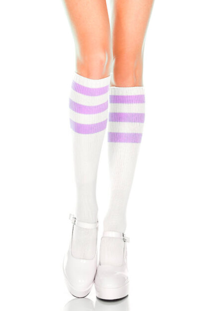 Knee High with Striped Top - ( Comes in 13 Color ) White & Lavender