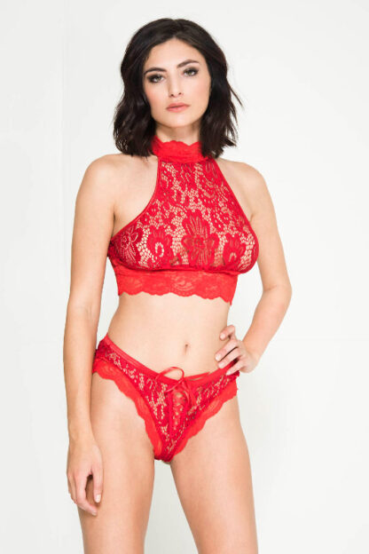 Lace High Neck Top with Ribbon Lace Up Panty - Red