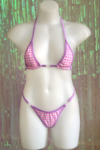 Siren Doll Micro Cup Bikini Set - Gingham Baby Pink - Lavender Trim Front