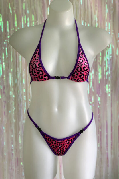 Siren Doll Micro Cup Bikini Set - Velvet Hot Pink Leopard - Purple Trim Front