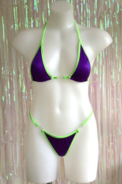 Siren Doll Micro Cup Bikini Set - Purple - Neon Green Trim - Front