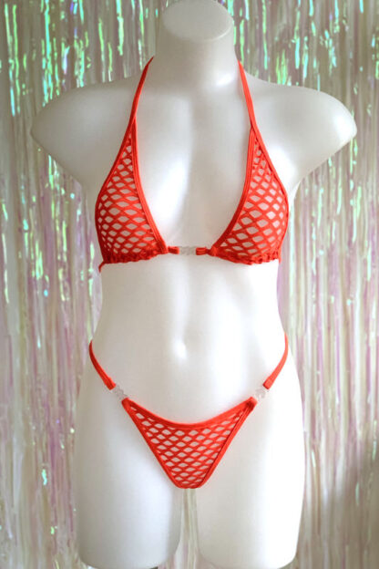 Siren Doll MIcro Cup Bikini Set - Neon Orange Fishnet