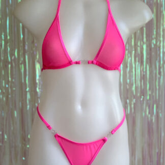 Siren Doll Micro Cup Bikini Set - Neon Pink Sheer Front