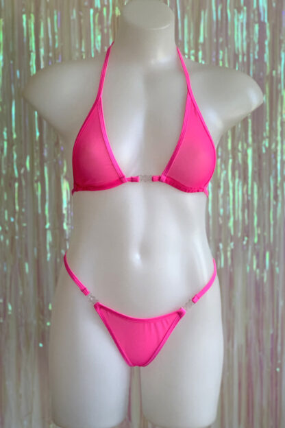 Siren Doll Micro Cup Bikini Set - Neon Pink Sheer Front