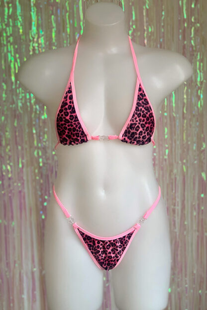 Siren Doll Micro Cup Bikini Set - Faux Fur Neon Pink Leopard - Barbie Pink Trim