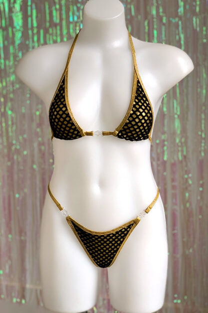 Siren Doll Micro Bikini Set - Gold & Fishnet Black Front